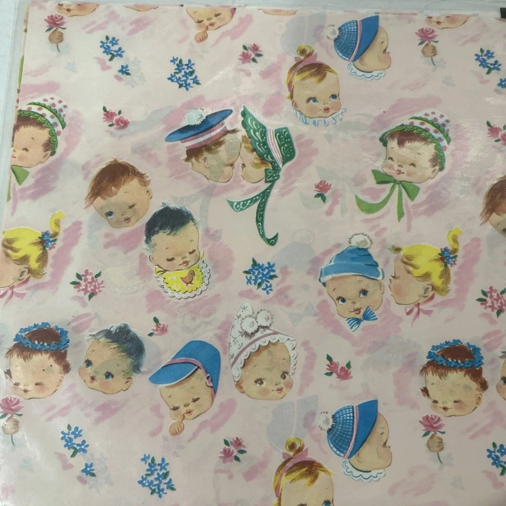 VINTAGE WRAPPING PAPER- NEW BABY, BABY SHOWER, CHILD GIFT, 7 Packs Dennison